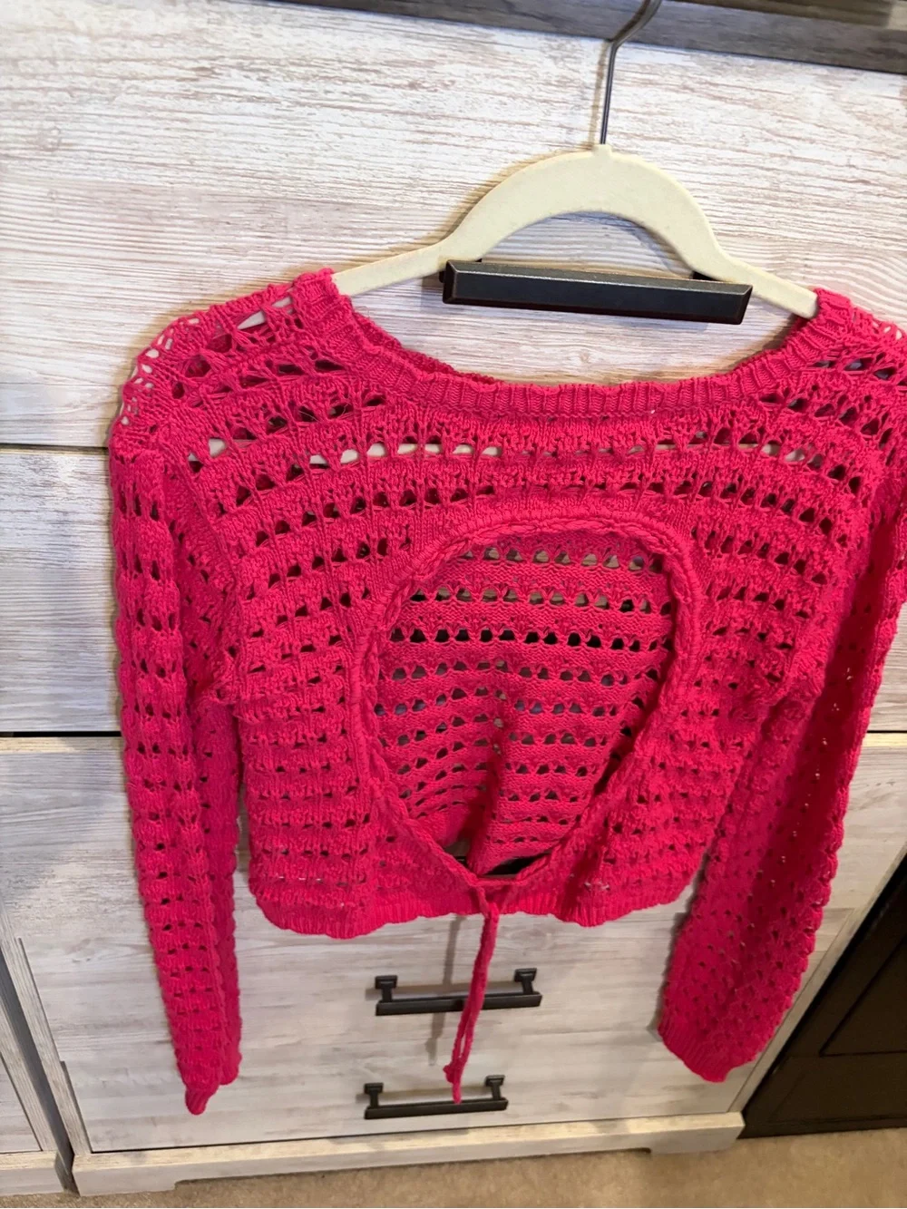 Free People Beach Hot Pink Open Knit Crochet Tie Back Sweater Boho Coastal Top